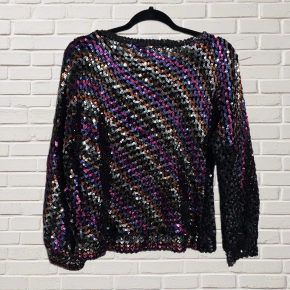 Sequin Party Top Vintage 80s Sparkly Fun Shiny Statement Glittery Festive - Picture 2 of 6